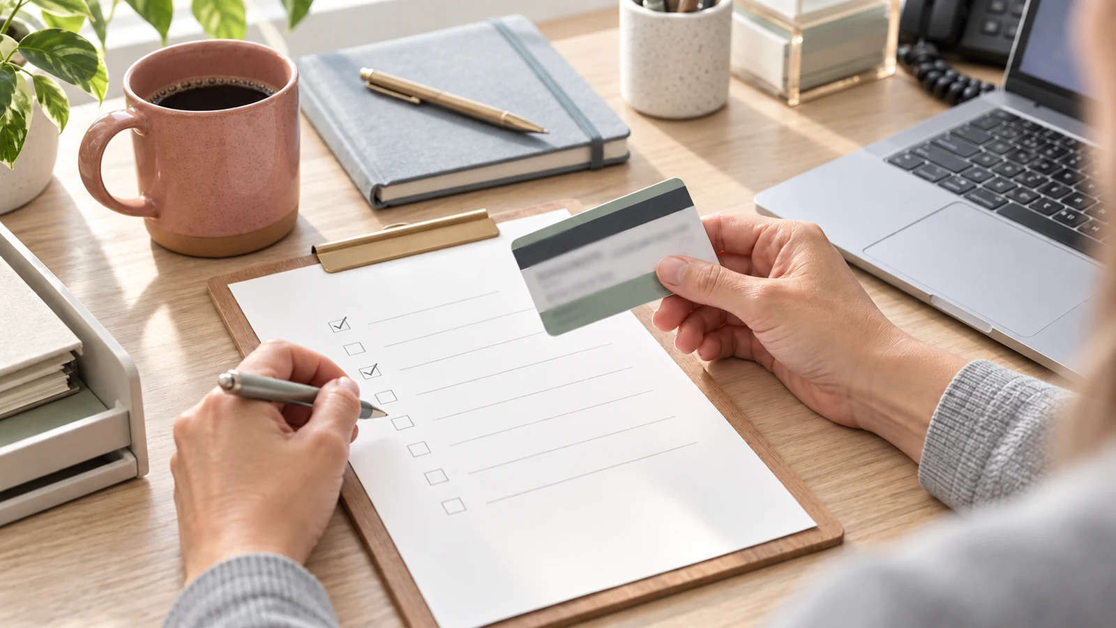 A staff member comparing an insurance card with a checklist