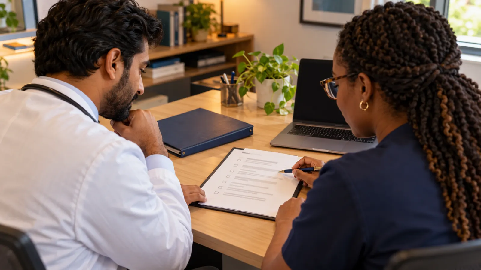 A physician owner and billing coordinator reviewing a checklist in a new clinic office