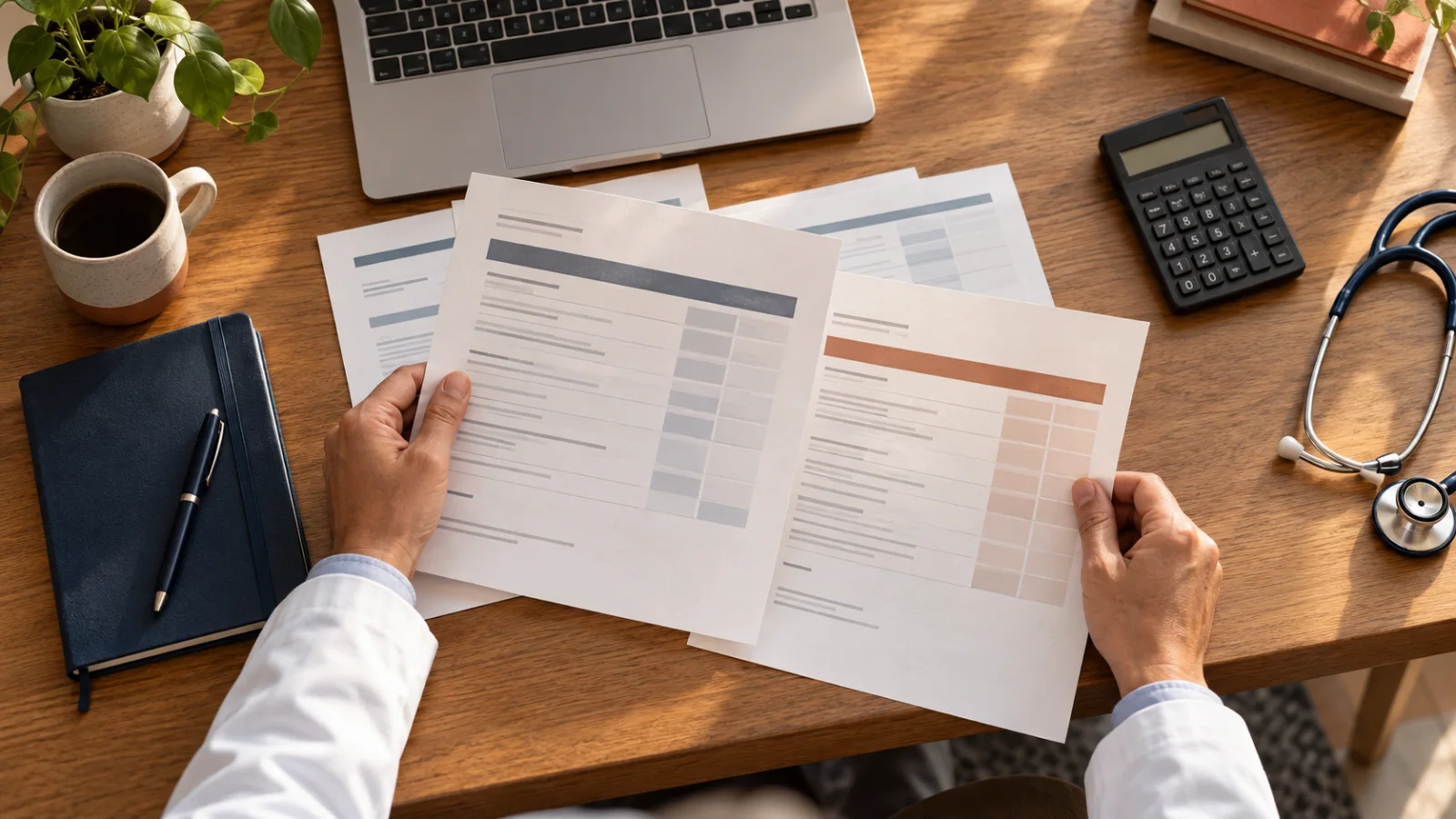 A physician owner comparing software quote sheets beside a calculator and laptop