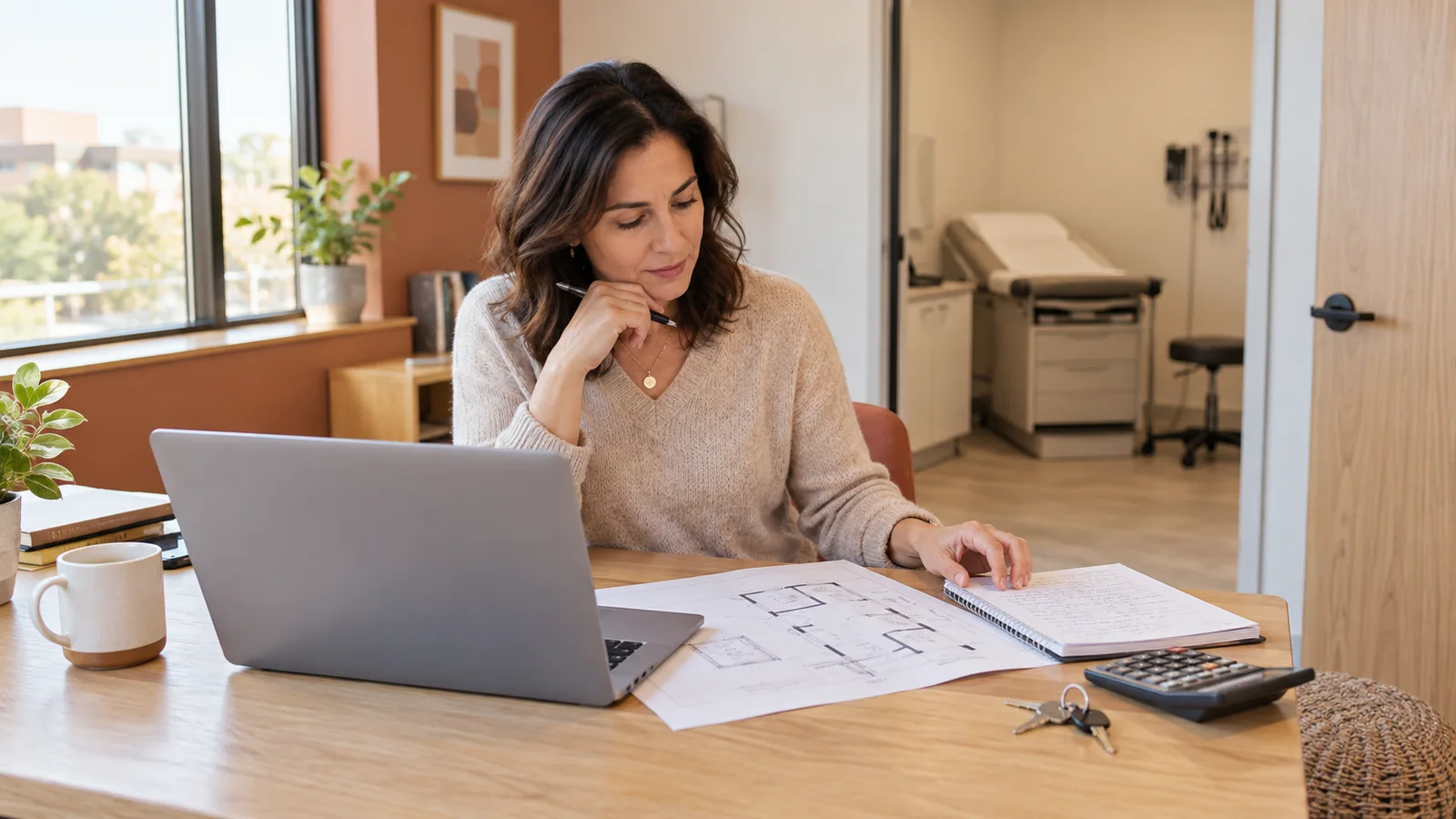 A practice owner working through a budget and office floor plan