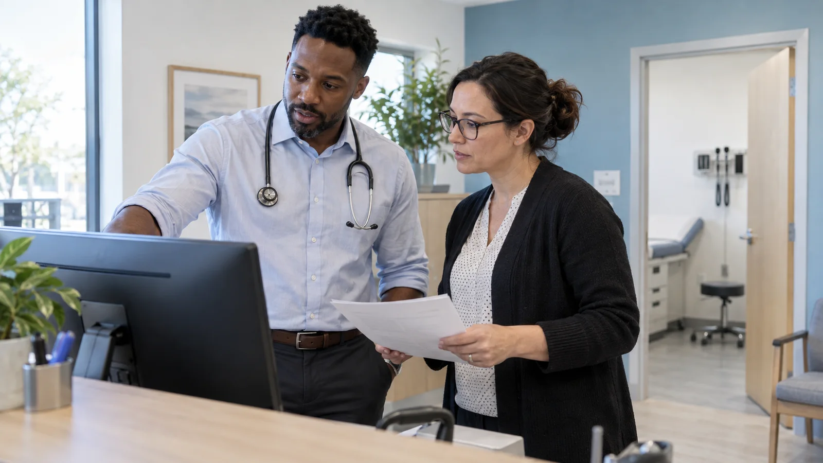 A physician and practice manager comparing software against a checklist