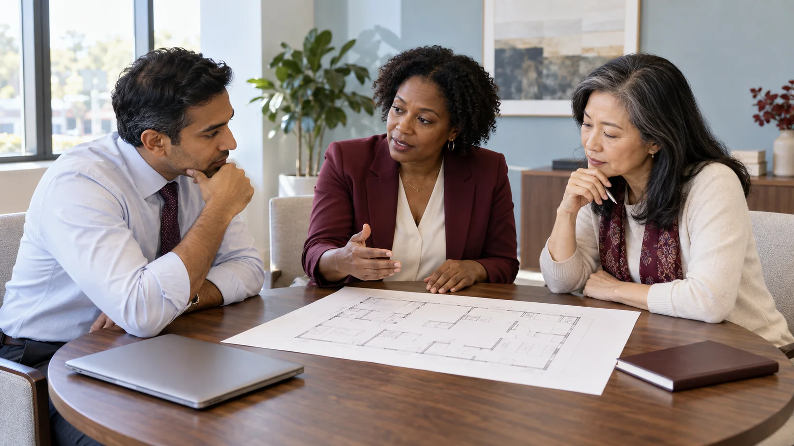 Three physician partners discussing plans around a small meeting table